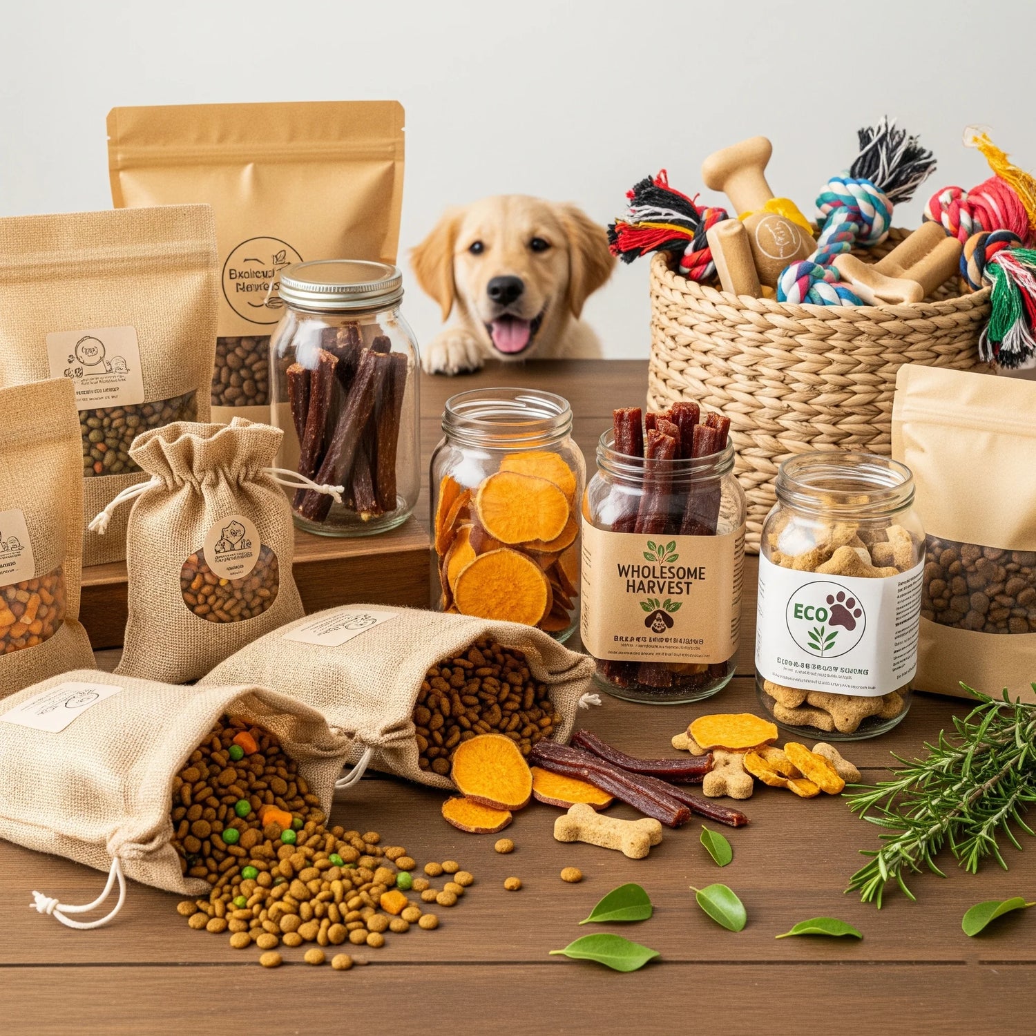 Natural organic dog and cat food with fresh ingredients like blueberries and carrots on a wooden table.