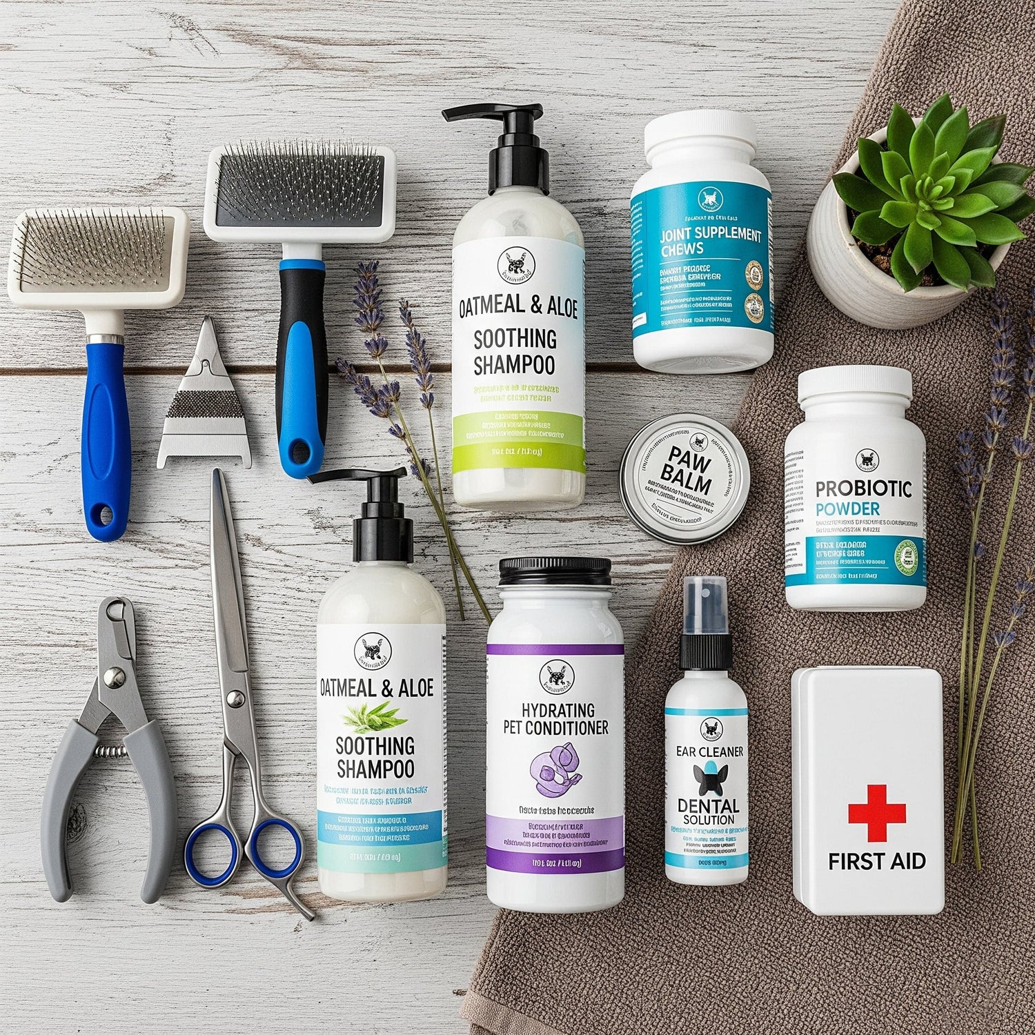 Person gently grooming a dog with a brush, surrounded by pet shampoo, nail clippers, and health care products.