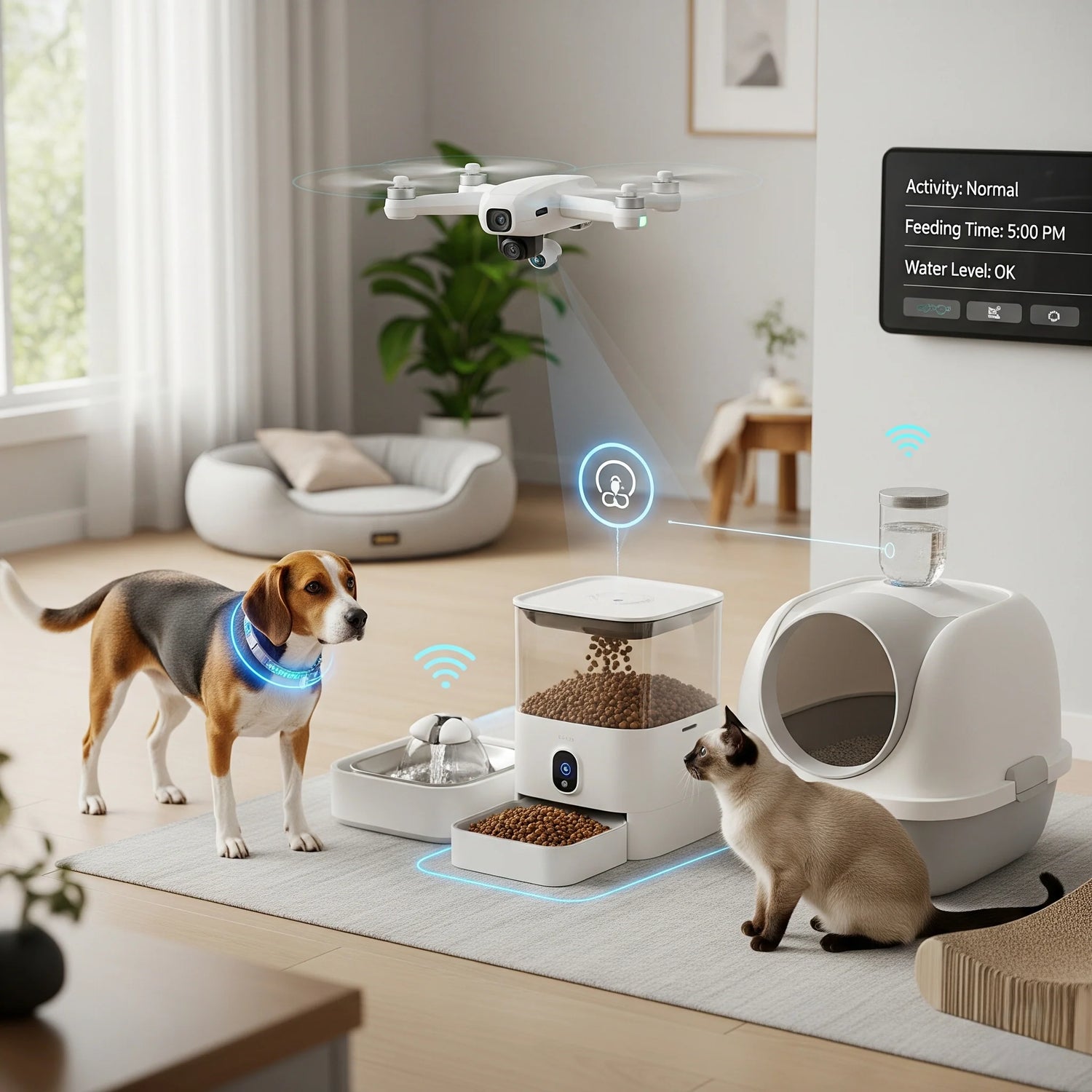 A beagle dog and a Siamese cat interact with a modern pet care station in a bright living room. The station includes a smart food dispenser, a water fountain, and a self-cleaning litter box and data like activity levels and feeding schedules.