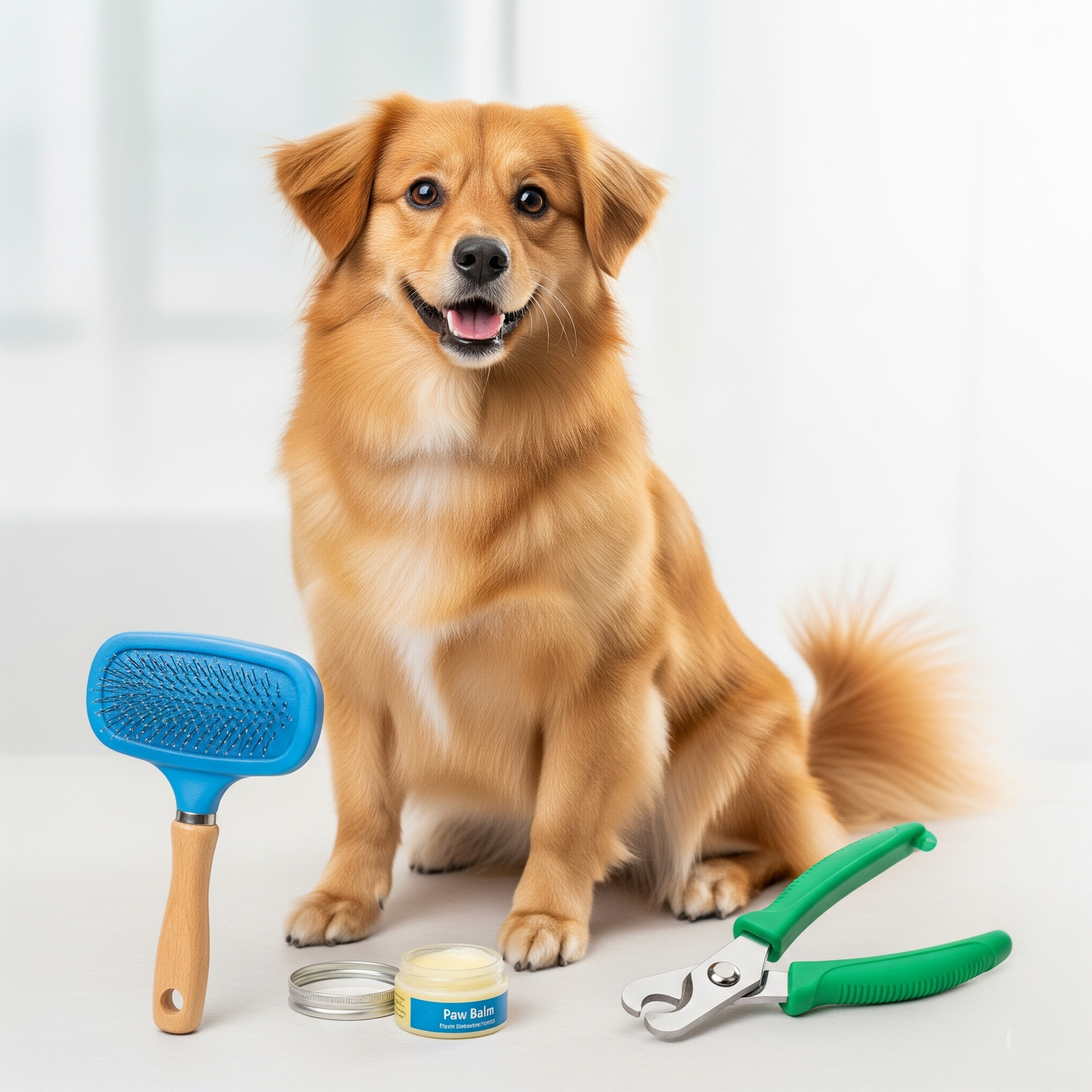 Happy dog wearing a blue harness and leash on a walk in the park with various accessories like a toy and bowl.